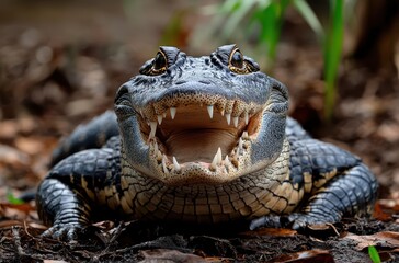 Fototapeta premium Close-Up of a Smiling Alligator with Sharp Teeth and Textured Skin Among Lush Greenery and Brown Leaves in Natural Habitat