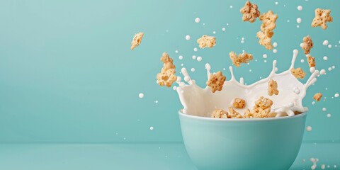 National cereal day with milk and energy idea. Bowl of cereal splashing milk against a turquoise background
