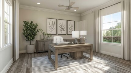 Fototapeta premium Modern and Bright Home Office with Elegant Décor, Stylish Furniture, Large Window, and Lush Green Plants