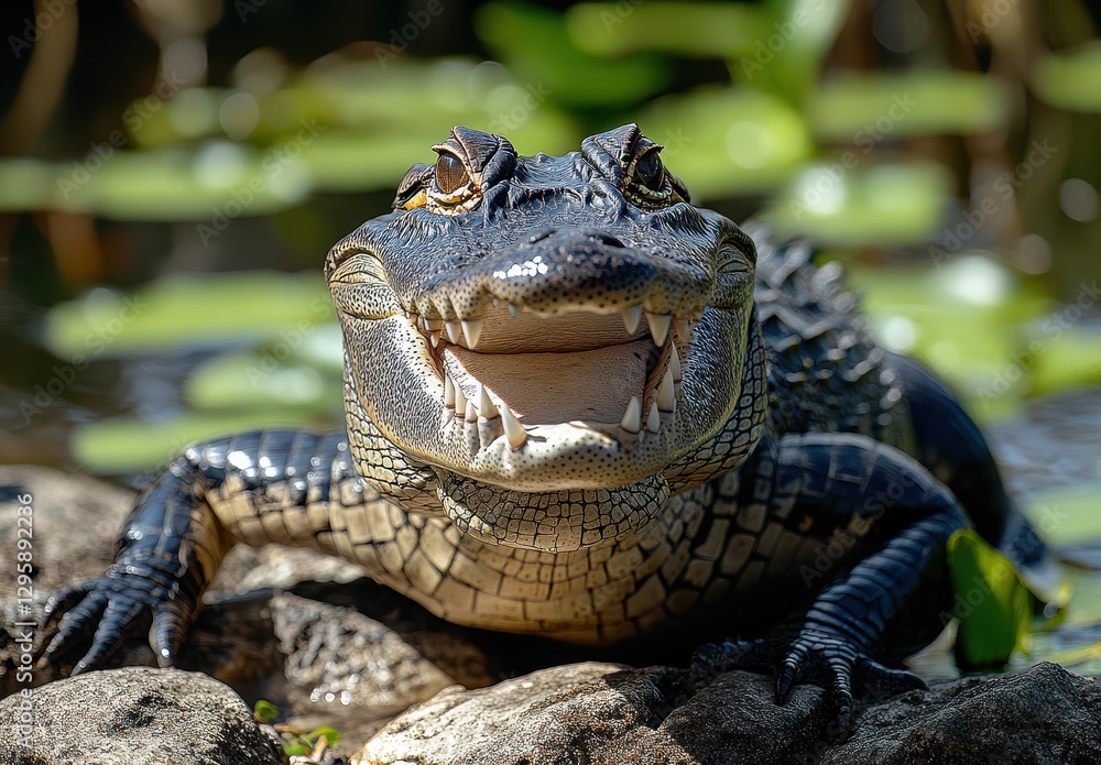 Poster close-up of a smiling alligator with sharp teeth posing on rocks amidst lush greenery and water in a