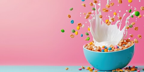 National cereal day with milk and energy idea. Colorful cereal splashing milk in a bowl on a pink background.
