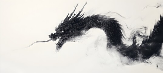 Intricate black and white drawing of a majestic dragon with detailed features