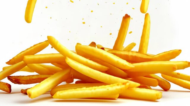Golden french fries soaring and cascading over a white background in playful motion, Golden french fries flying and falling on a white background