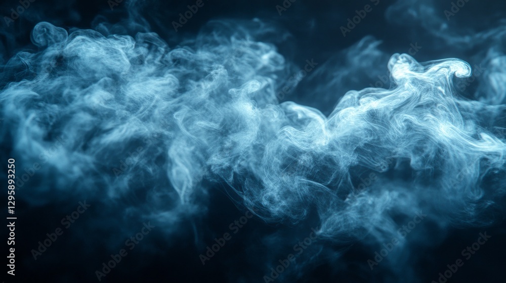 Poster a mesmerizing display of blue smoke swirls elegantly through the darkness, illuminating the space wi