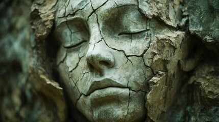 Surreal face emerging from cracks gigapixel art abstract sculpture natural environment close-up conceptual depth