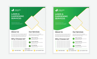 Lawn and gardening service flyer design template. Tree and gardening service poster leaflet design. lawnmower flyer template.