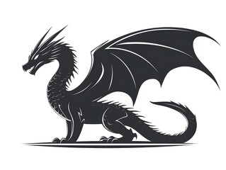 Elegant silhouette of a black dragon dramatically displayed on a white background