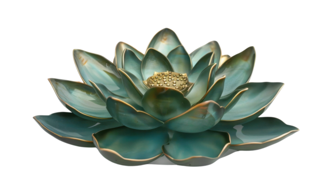 Turquoise and gold lotus flower blooming on transparent background