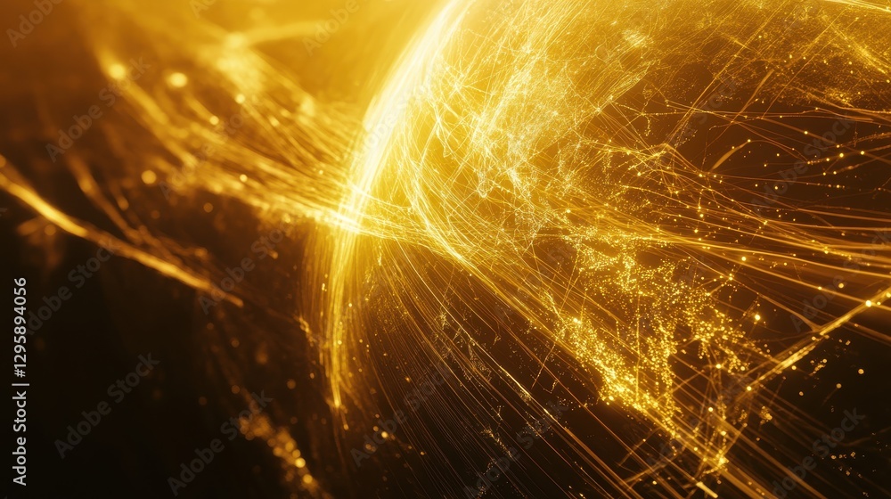 Poster futuristic golden light waves create dynamic energy over global network in night setting