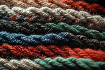Close up of colorful twisted yarns showcasing texture and detail