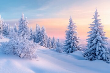 Fototapeta premium Winter wonderland, snow-covered pine trees, gentle snowfall, soft blue sky, pastel sunset colors