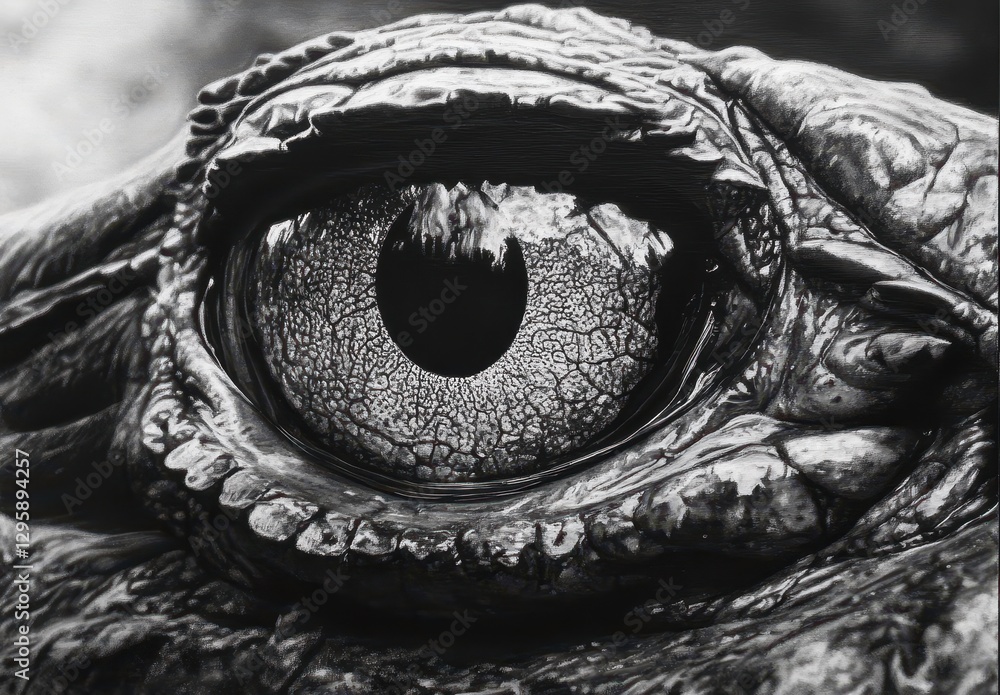 Poster close-up of a striking reptilian eye revealing intricate textures and depth with a focus on the uniq