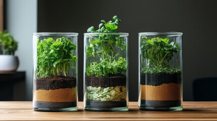 Artistic glass terrariums displaying layered soil and greens in modern indoor setting captured in gigapixel detail