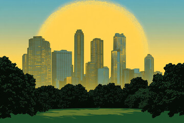 Fototapeta premium Sunset over city skyline with trees in foreground