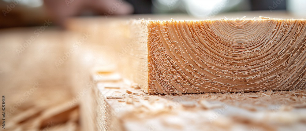 Poster Close up of wooden plank with visible grain and texture in workshop