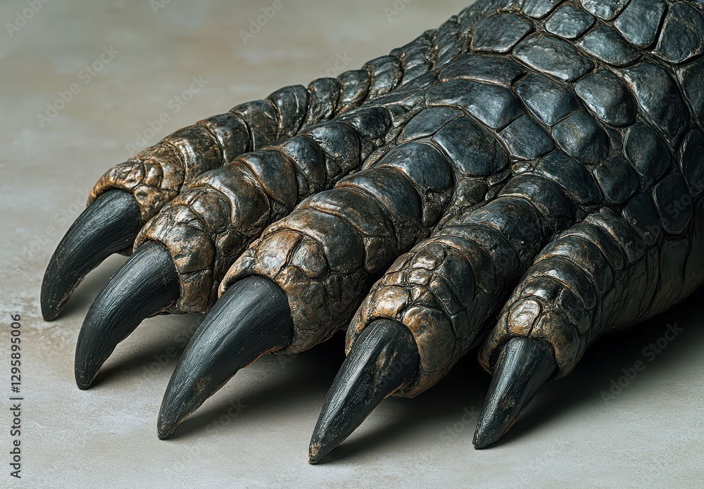 Poster close-up of a textured reptilian hand with sharp claws on a neutral background capturing nature's in