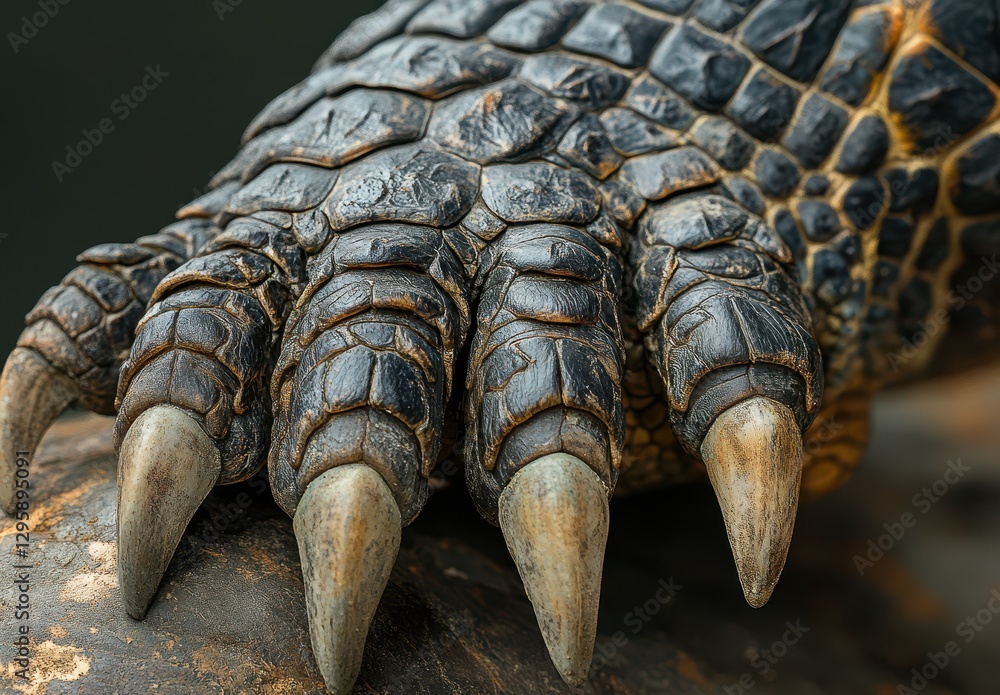 Poster close-up of a tortoise claw showcasing intricate scales and sharp talons on a natural background