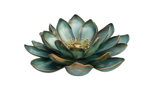 Turquoise and gold lotus flower blooming with transparent background