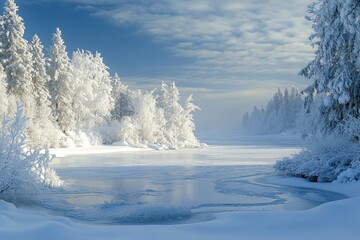 Winter wonderland, snowy landscape, frozen lake, ice formations, pine trees covered in snow