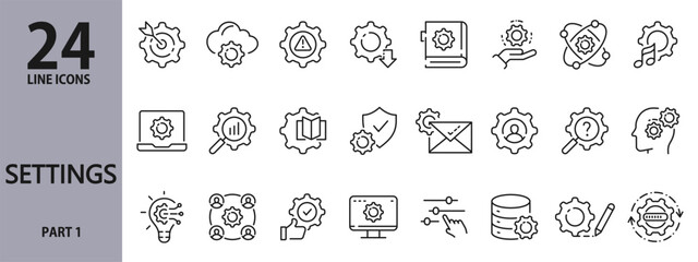 Settings line icons set with Configuration, Options, Network, Security, Data, System, Technology and more. Editable Stroke