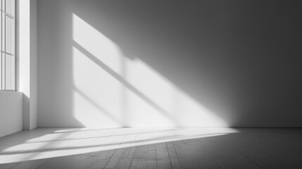 a sunbeam casts a diagonal shadow across a white wall in an empty room