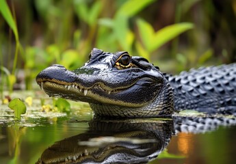 Fototapeta premium Close-up of a Tranquil Alligator in a Natural Habitat Surrounded by Lush Green Vegetation with Reflections on Still Water Surface