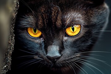 Black cat with striking yellow eyes gazes intently from a hidden spot in the living room during the afternoon