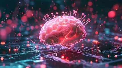 Fototapeta premium Abstract Digital Brain Illustration with Glowing Virus-Like Structures