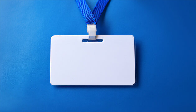 Unlabeled ID card on a striking blue background. Simple and clean design for office or event mock-ups.
