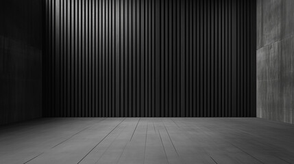 a dark room features a wall with vertical black corrugated metal panels