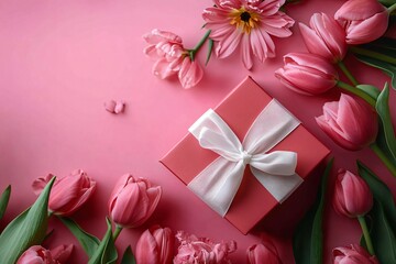 A romantic composition featuring a red gift box and pink tulips, perfect for International Women's Day and Mother's Day designs, inviting warmth and cheer.