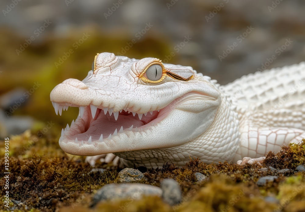 Poster close-up of a unique albino alligator on natural terrain surrounded by moss and stones, showcasing i