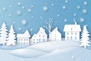 Fototapeta premium Winter wonderland, snowy village scene, silhouette houses and pine trees, pale blue