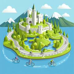 vibrant landscape featuring castle, cyclists, and mountains