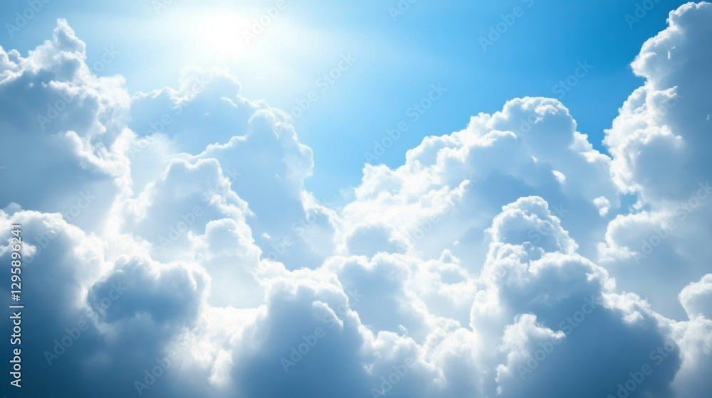 Poster a captivating view of fluffy white clouds gracefully drifting across a vibrant blue sky, illuminated
