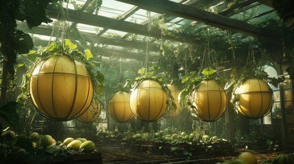Suspended melon plants growing in glass lanterns greenhouse botanical photography lush environment aerial view sustainable gardening