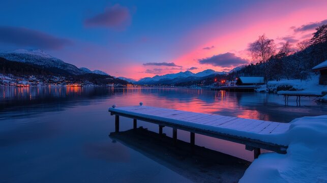 A snowy wooden pier overlooks a calm lake at sunset