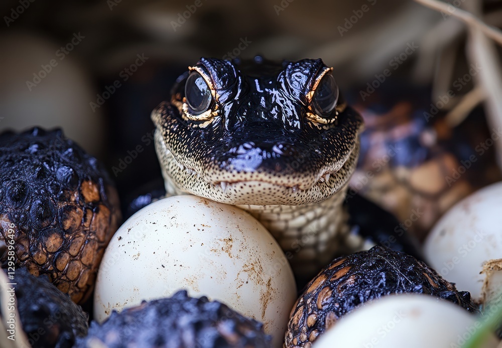 Aufkleber close-up of a unique amphibian resting among its eggs in a nest, showcasing intricate textures and c