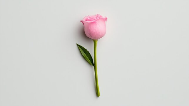 A single pink rose with a green stem and one leaf