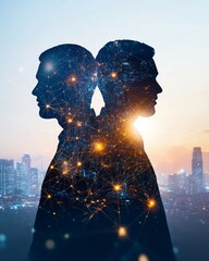 silhouette man and woman with abstract blue light and smoke background