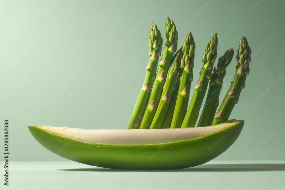 Poster a bowl of asparagus is cut in half and placed on a table. the asparagus are arranged in a way that t