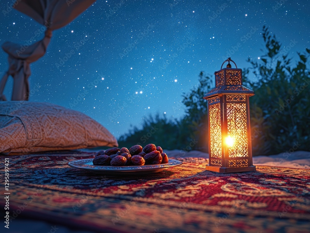 Poster a lantern is lit on a red carpet with a plate of dates on a table. the lantern casts a warm glow ove