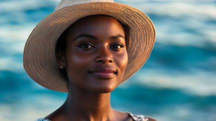 Close-Up Portrait of African American Woman in Elegance Hat on the Beach, filled with joy, connection, and endless ocean views