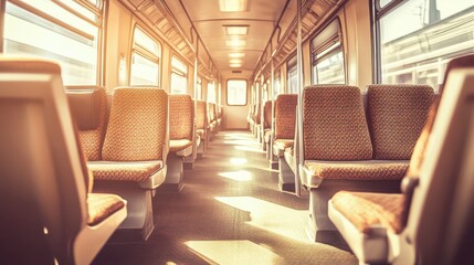 Empty train carriage interior showcasing neat seating arrangement and soft light filtering through the windows for dramatic effect