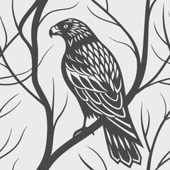 Fototapeta premium Eagle perched on branch, illustrated over brushed metal texture