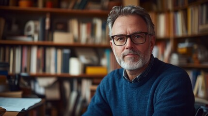 Thoughtful mature man in glasses reflecting on life in a cozy library setting surrounded by books and literature in warm, inviting atmosphere