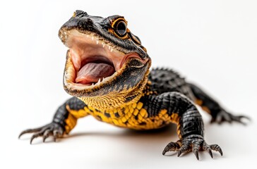 Fototapeta premium Close-up of a vibrant lizard with striking scales and open mouth showcasing sharp teeth against a white background for nature and wildlife photography.