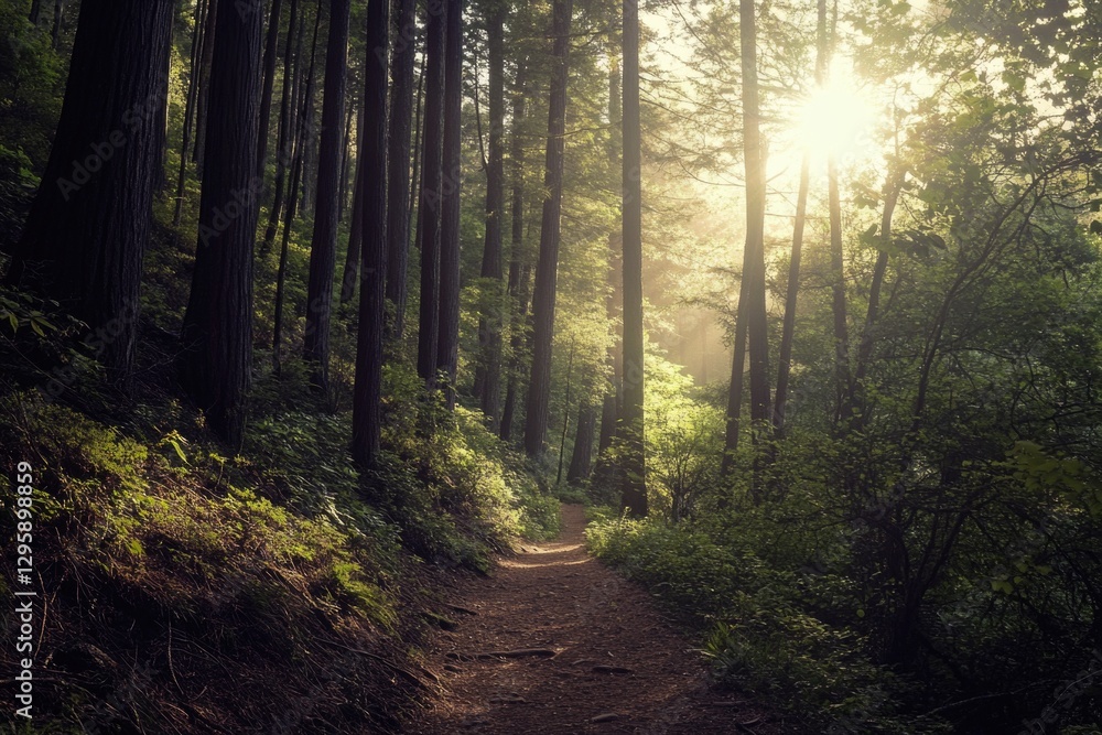 Poster path through a serene forest during sunrise, with sunlight filtering through the trees creating a pe