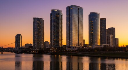 Obraz premium A modern downtown skyline at sunset, glass skyscrapers reflecting warm golden light