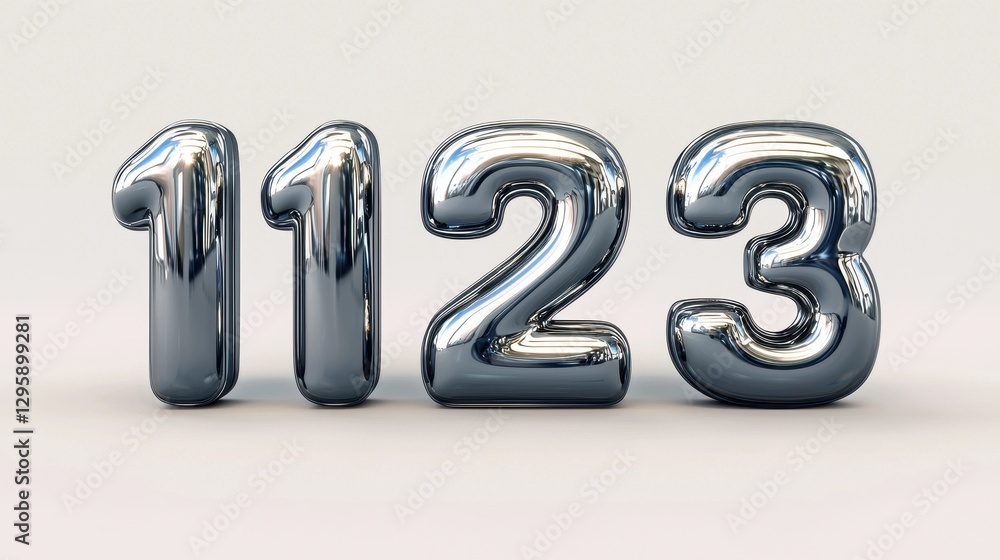 Poster shiny metallic numbers 1 1 2 3 on soft gradient background